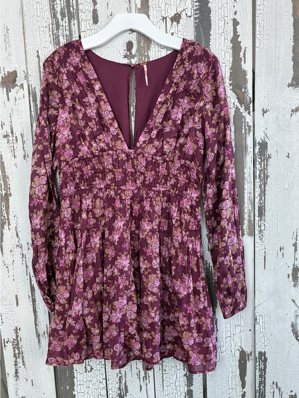 Free People Berry Floral V-Neck Smocked Mini Dress Size Medium